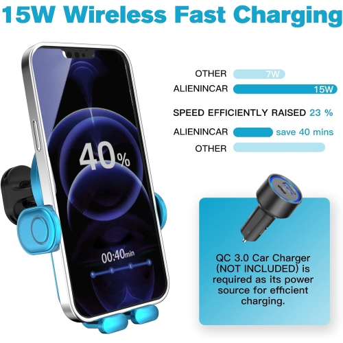 Wireless Car Charger, 15W Auto-Clamping Car Charger Mount, Air Vent Car Charging Holder for iPhone/Samsung