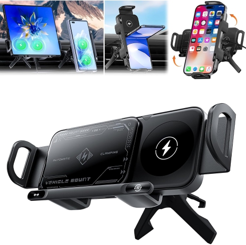 2 in 1 Auto Rotating Phone Holder,Car Wireless Charging Fast Charging Cell Phone Holder,Car Vent Phone Mount for phone/Pad/Foldable Phone(Black)