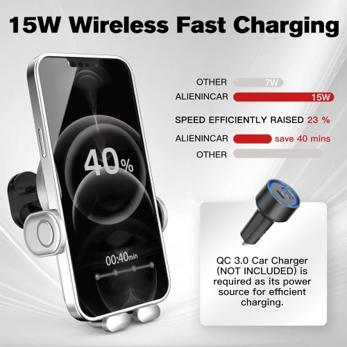 Wireless Car Charger, 15W Auto-Clamping Car Charger Mount, Air Vent Car Charging Holder for iPhone/Samsung