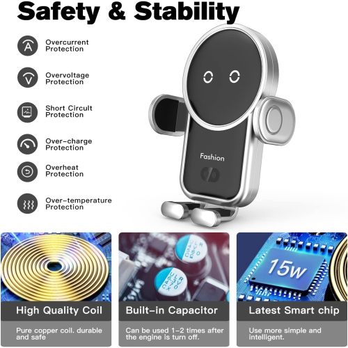 Wireless Car Charger, 15W Auto-Clamping Car Charger Mount, Air Vent Car Charging Holder for iPhone/Samsung