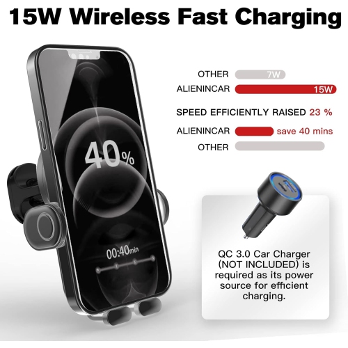 Wireless Car Charger, 15W Auto-Clamping Car Charger Mount, Air Vent Car Charging Holder for iPhone/Samsung
