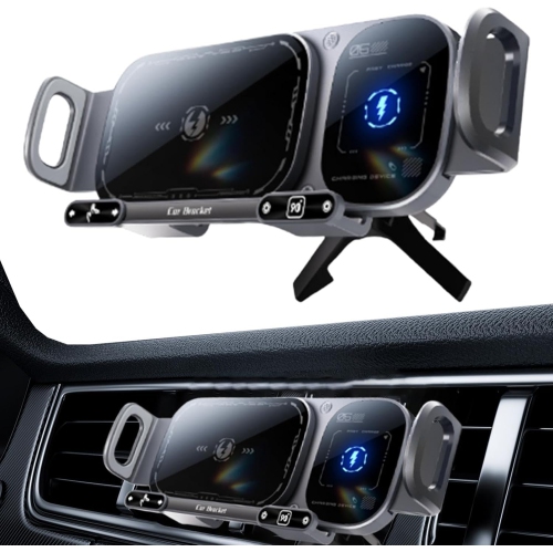 Wireless Car Charger MountDouble Coil Design Navigation Bracket for Straight Screen Mobile Phone, Folding Mobile Phone, Tablet(Black)