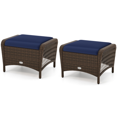 Gymax 2 Pieces Outdoor Patio PE Wicker Ottomans w/ Removable Cushions Footstools