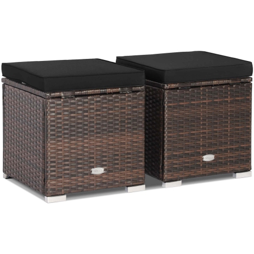 Gymax 2PCS Rattan Ottomans Seat Side Table Storage Box Footstool w/ Black Cushion Patio