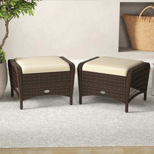 Gymax 2 Pieces Outdoor Patio PE Wicker Ottomans w/ Removable Cushions Footstools