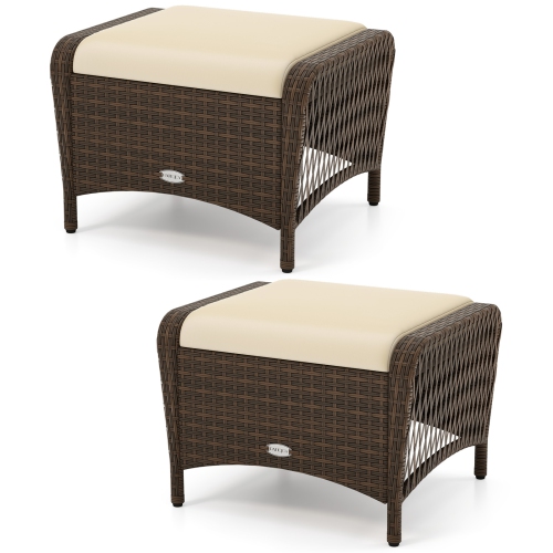Gymax 2 Pieces Outdoor Patio PE Wicker Ottomans w/ Removable Cushions Footstools