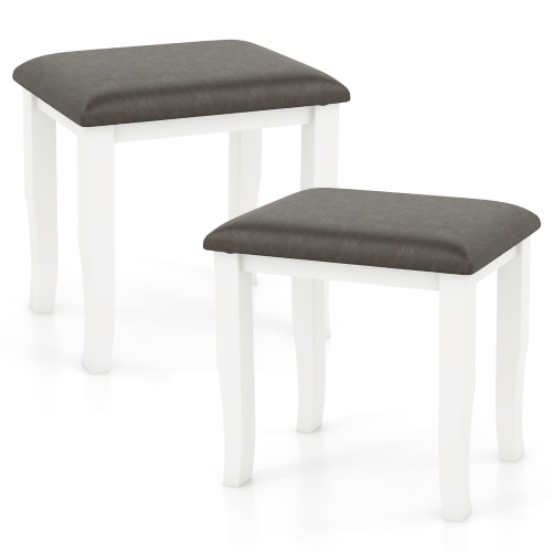 Gymax 2PCS Vanity Stool Chair Solid Wood Ottoman Set w/ Padded Seat Cushion Gray