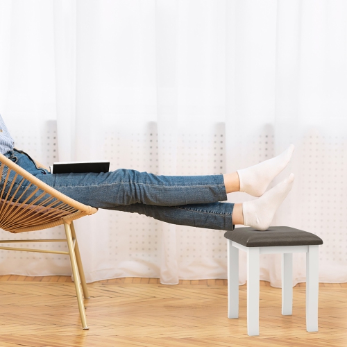 Gymax 2PCS Vanity Stool Chair Solid Wood Ottoman Set w/ Padded Seat Cushion Gray