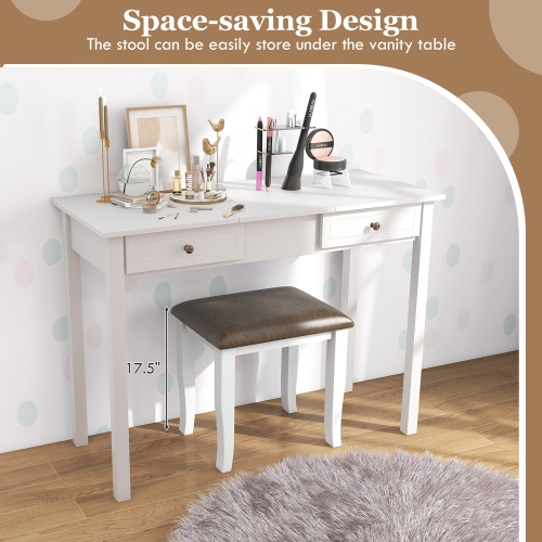 Gymax 2PCS Vanity Stool Chair Solid Wood Ottoman Set w/ Padded Seat Cushion Gray