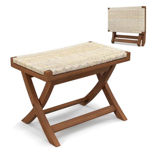 Gymax Folding Natural Rattan Ottoman w/ Hand-woven Seat & X-shaped Teak Wood Frame