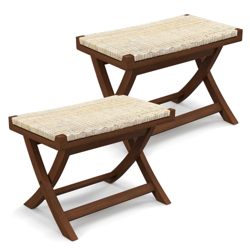 Gymax 2PCS Folding Natural Rattan Ottoman w/Hand-woven Seat & X-shaped Teak Wood Frame