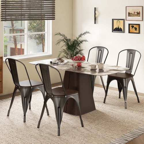 Gymax Tolix Style Metal Dining Chairs Set of 4 w/ Wood Seat & Removable Backrest