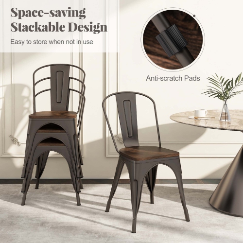 Gymax Tolix Style Metal Dining Chairs Set of 4 w/ Wood Seat & Removable Backrest