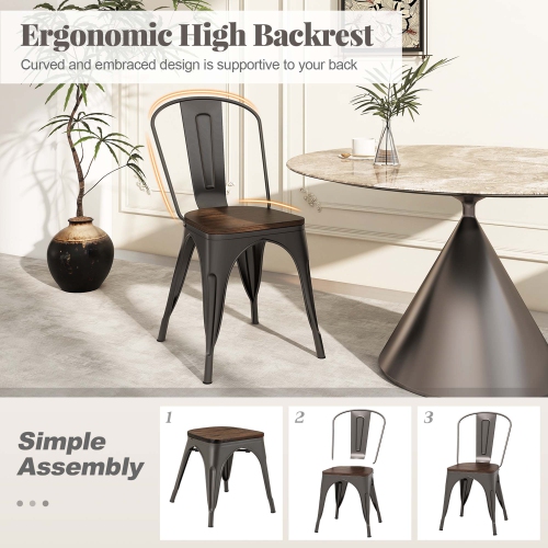 Gymax Tolix Style Metal Dining Chairs Set of 4 w/ Wood Seat & Removable Backrest