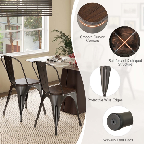 Gymax Tolix Style Metal Dining Chairs Set of 4 w/ Wood Seat & Removable Backrest