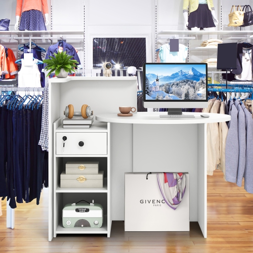 Gymax Front Reception Counter Desk Checkout Office Desk w/Open Shelf & Lockable Drawer