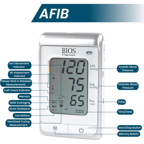 Tensiomètre de BIOS Diagnostics – Avec dépistage de la fibrillation auriculaire, utilisation à domicile, lecture du bras supérieur, FIB
