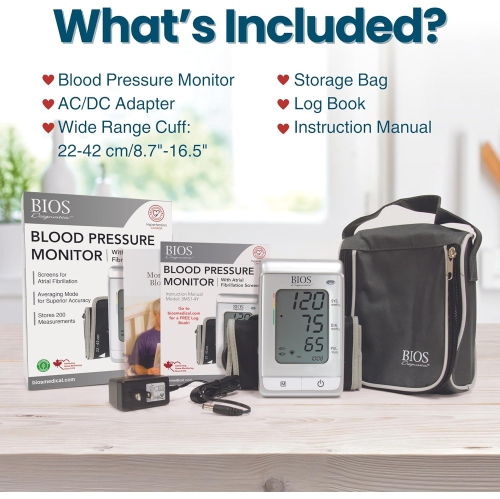 Tensiomètre de BIOS Diagnostics – Avec dépistage de la fibrillation auriculaire, utilisation à domicile, lecture du bras supérieur, FIB
