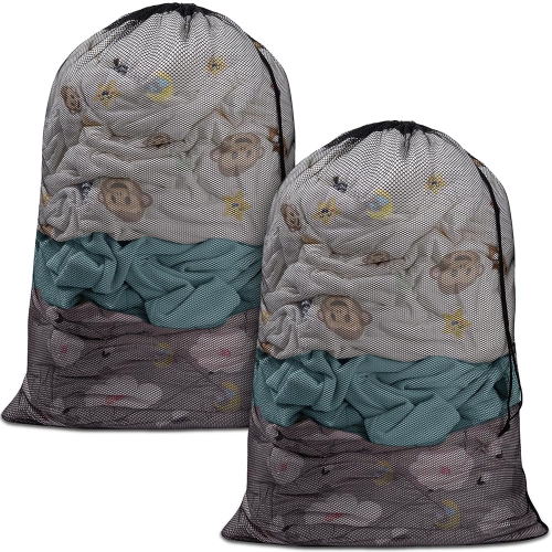 Canadian Linen Mesh Laundry Bags, 28"x40", 2 Pack, Drawstring Clothes Organizer Waterproof Fabric Durable Storage Bag Hamper, Black