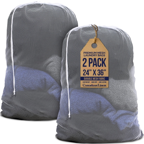 Canadian Linen Mesh Laundry Bags, 24"x36", 2 Pack, Drawstring Clothes Organizer Waterproof Fabric Durable Storage Bag Hamper, White