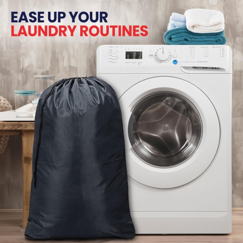 Canadian Linen Nylon Laundry Bags, 24"x36", 2 Pack, Drawstring Clothes Organizer Waterproof Fabric Durable Storage Bag Hamper, Grey + Blue
