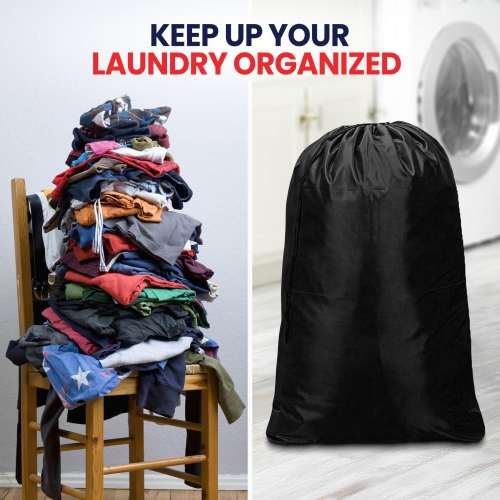 Canadian Linen Nylon Laundry Bags, 24"x36", 2 Pack, Drawstring Clothes Organizer Waterproof Fabric Durable Storage Bag Hamper, Black