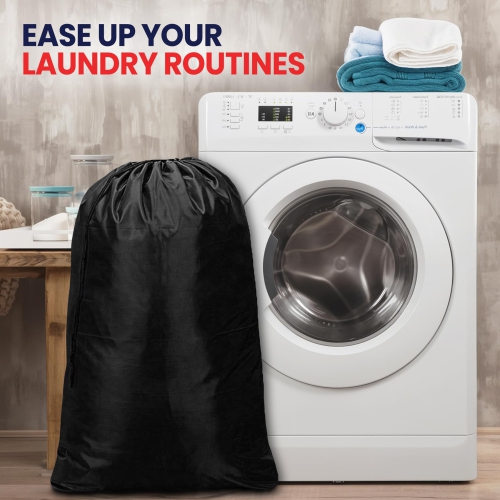 Canadian Linen Nylon Laundry Bags, 24"x36", 2 Pack, Drawstring Clothes Organizer Waterproof Fabric Durable Storage Bag Hamper, Black