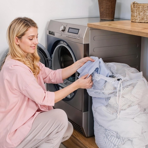 Canadian Linen Mesh Laundry Bags, 24"x36", 2 Pack, Drawstring Clothes Organizer Waterproof Fabric Durable Storage Bag Hamper, White