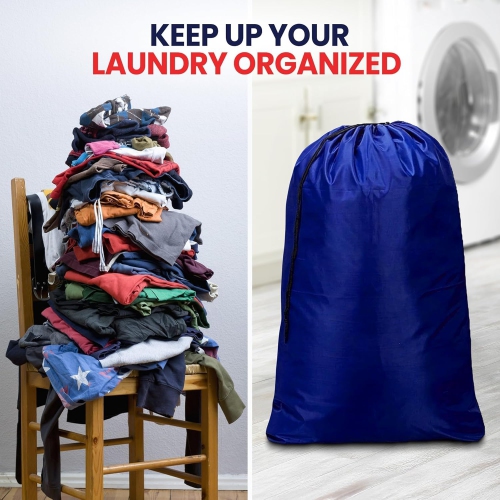 Canadian Linen Nylon Laundry Bags, 24"x36", 6 Pack, Drawstring Clothes Organizer Waterproof Fabric Durable Storage Bag Hamper, Blue