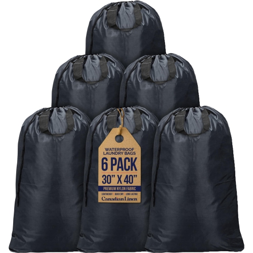 Canadian Linen Nylon Laundry Bags, XL 30"x40", 6 Pack, Drawstring Clothes Organizer Waterproof Fabric Durable Storage Bag Hamper, Dark Grey