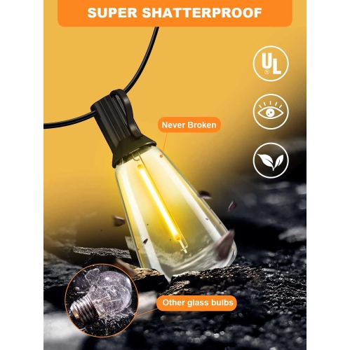 50FT Solar String Lights Outdoor Waterproof, Solar Patio Lights with 25+2 Dimmable ST38 Edison Bulbs Shatterproof,Solar Powered String Lights for