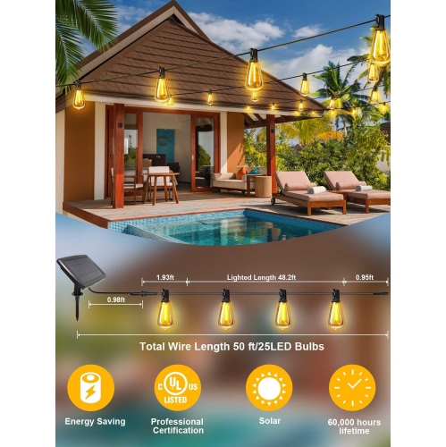 50FT Solar String Lights Outdoor Waterproof, Solar Patio Lights with 25+2 Dimmable ST38 Edison Bulbs Shatterproof,Solar Powered String Lights for