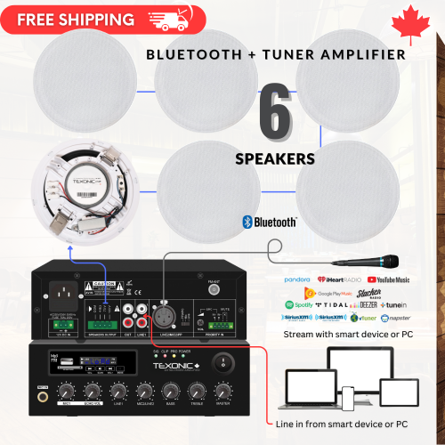 Système de musique d'ambiance commercial de 70&nbsp;V | 6 haut-parleurs de plafond sans garniture et amplificateur de mixage 60&nbsp;W avec radio FM,
