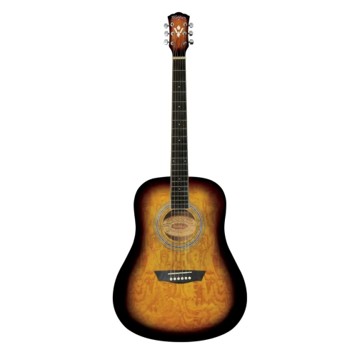 Remis à neuf - Ensemble guitare acoustique de qualité supérieure de Washburn avec table en érable rayée Vintage Tobacco Burst