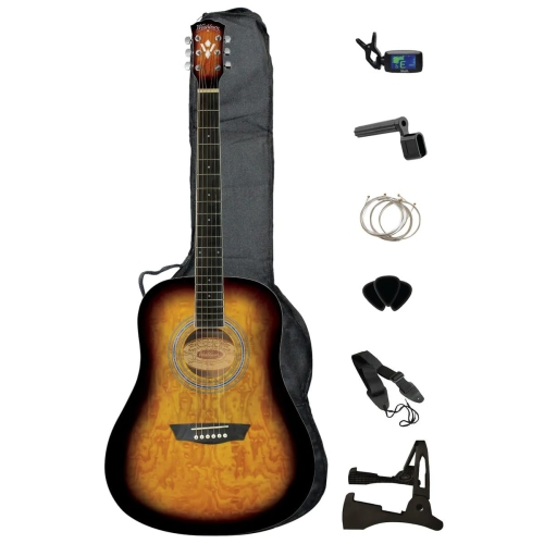 Remis à neuf - Ensemble guitare acoustique de qualité supérieure de Washburn avec table en érable rayée Vintage Tobacco Burst