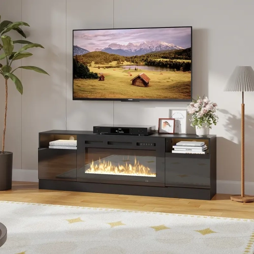 TV Sound Bar with Speakers + Black Fireplace TV Stand & Tilt TV Wall Mount for 37-82" TVs