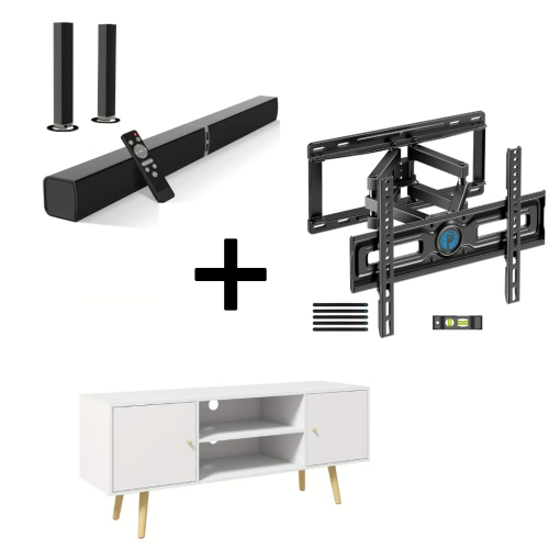Wireless TV Sound Bar + TV Stand Cabinet & Full Motion Wall Mount for 26-65" TVs