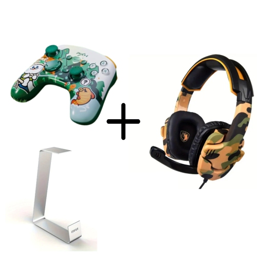 Aluminum Headphone Stand + Wireless Gamepad & Wired Gaming Headset for PS5, PS4, Xbox, PC