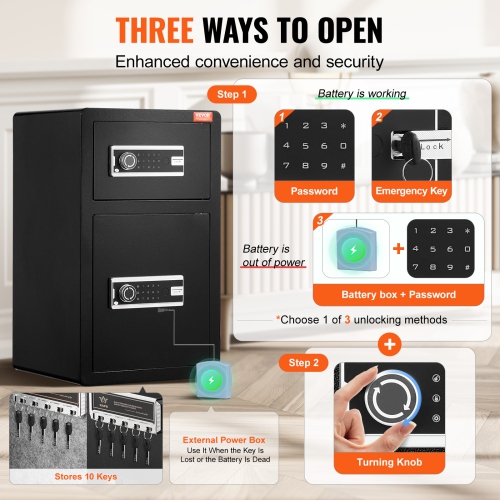 Coffre-fort à deux portes 4,5&nbsp;pi³ de VEVOR avec serrure à clé et mot de passe, coffre-fort avec sac ignifuge, porte-clés, lampe LED et hauteur 2