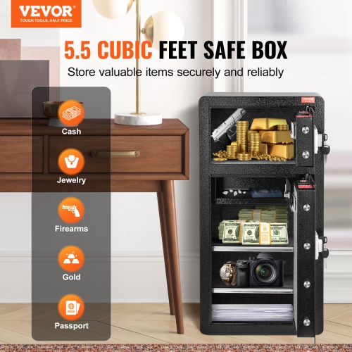 VEVOR Double Doors 5.5 cu.ft Safe Box with Key Lock & Password, Safe Lock Box with Fireproof Bag, Key Rack, LED Light, 2 Height Adjustable and