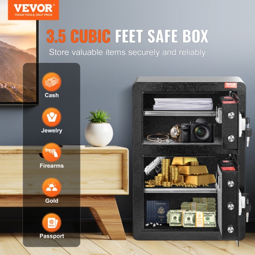VEVOR Double Doors 3.5 cu.ft Safe Box with Key Lock & Password, Safe Lock Box with Fireproof Bag, Key Rack, LED Light and 2 Height