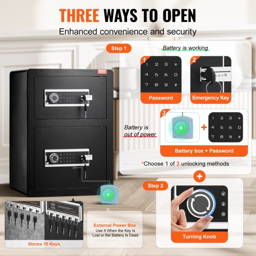 VEVOR Double Doors 3.5 cu.ft Safe Box with Key Lock & Password, Safe Lock Box with Fireproof Bag, Key Rack, LED Light and 2 Height