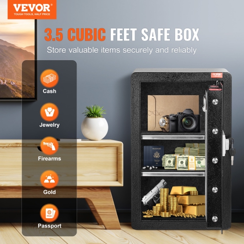 VEVOR Single Door 3.5 cu.ft Safe Box with Key Lock & Password, Safe Lock Box with Fireproof Bag, Key Rack, LED Light, and 2 Shelves for Money,