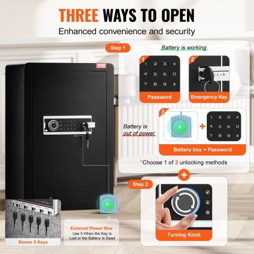 VEVOR Single Door 3.5 cu.ft Safe Box with Key Lock & Password, Safe Lock Box with Fireproof Bag, Key Rack, LED Light, and 2 Shelves for Money,