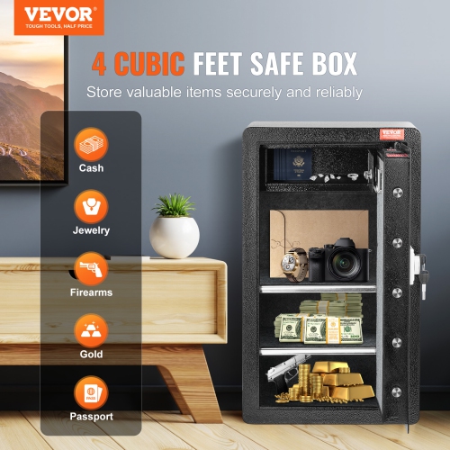 VEVOR Single Door 4.0 cu.ft Safe Box with Key Lock & Password, Safe Lock Box with Fireproof Bag, Key Rack, LED Light, 2 Shelves,