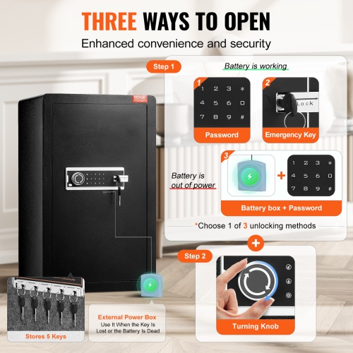 VEVOR Single Door 4.0 cu.ft Safe Box with Key Lock & Password, Safe Lock Box with Fireproof Bag, Key Rack, LED Light, 2 Shelves,