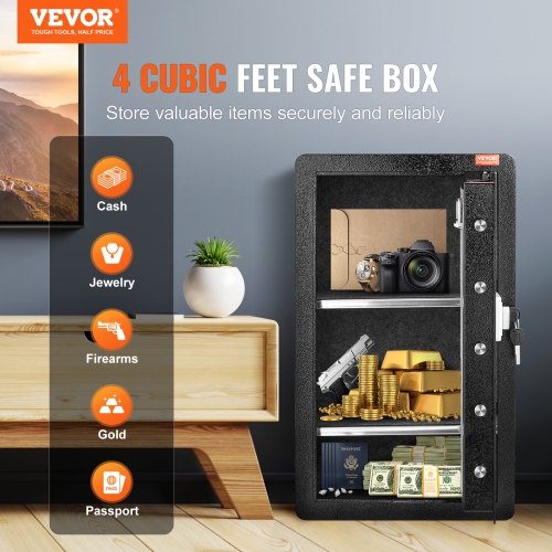 VEVOR Single Door 4.0 cu.ft Safe Box with Key Lock, Password & Fingerprint, Safe Lock Box with Fireproof Bag, Key Rack, LED Light