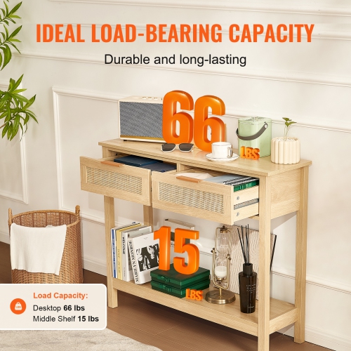 VEVOR Rattan Console Table with 2 Storage Drawers, Rattan Entryway Table with Natural Rattan Sliding Door, Console Sofa Table fay Or TV Wall, Natural