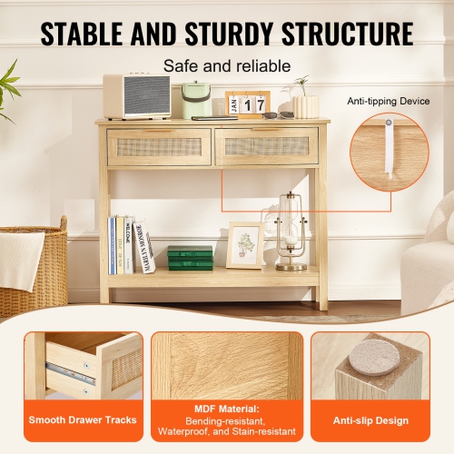 VEVOR Rattan Console Table with 2 Storage Drawers, Rattan Entryway Table with Natural Rattan Sliding Door, Console Sofa Table fay Or TV Wall, Natural