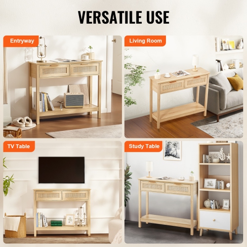 VEVOR Rattan Console Table with 2 Storage Drawers, Rattan Entryway Table with Natural Rattan Sliding Door, Console Sofa Table fay Or TV Wall, Natural